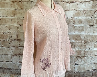 Vintage Blouse Ballet Pink Crinkle Chiffon With Floral Decoration Delicate Feminine By Marks & Spencer cY2K 12 U.K.