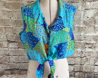 Vintage Blouse Tie Front Cropped Top Bright Patchwork Look Fabric By St. Michael c1990s 12-14 U.K.