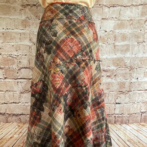 Vintage Skirt Checked Peach Green Beige Floral Wool Blend Flared Ankle Length By Per Una cY2K 12 U.K.