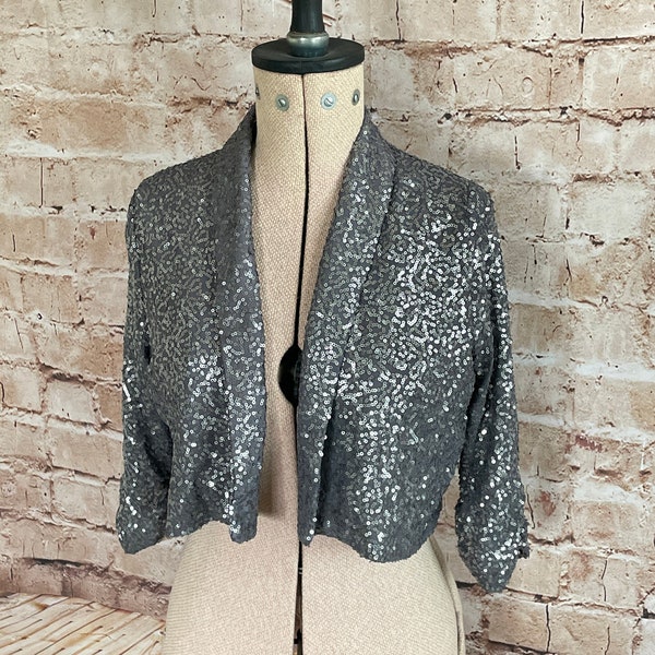 Vintage Jacket Bolero Copped Silver Grey Sequinned Occasion Ball Party By Miso cY2K 8 U.K.