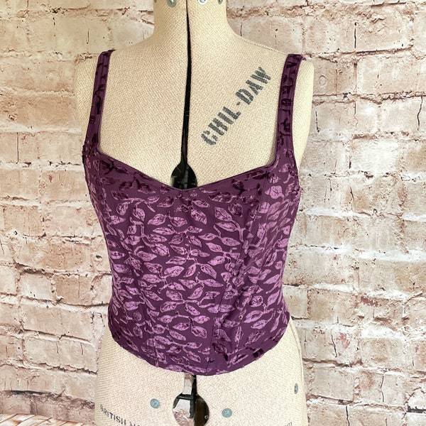 Vintage Boned Bustier Top Corset Plum Devore Velvet By St. Michael Marks And Spencer c1990s 14 U.K.