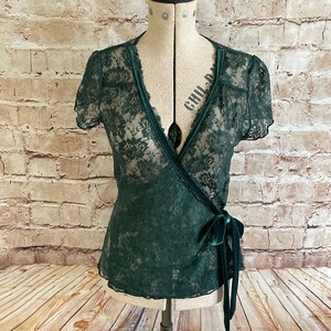 Vintage Top Wrap Over Short Sleeve Dark Green Stretch Lace Semi Sheer By Principles c1990s Med - Large