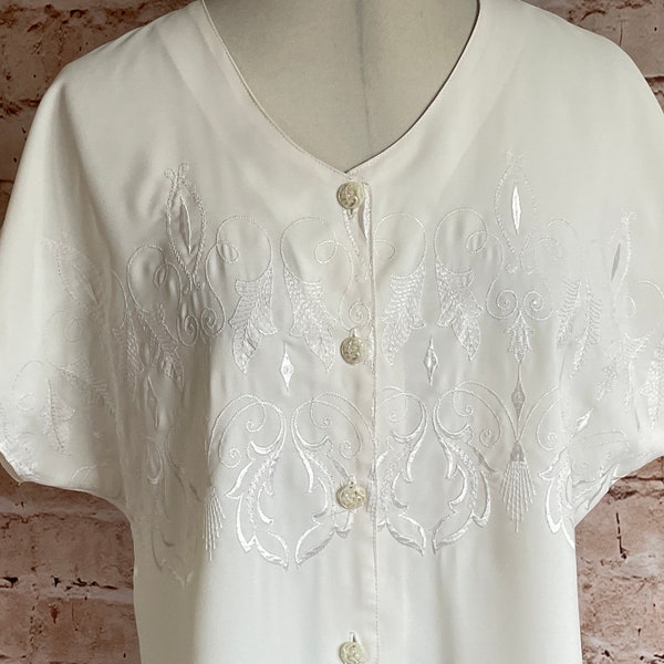 Vintage Blouse Cap Sleeves Embroidered Cream Silky By Your Sixth Sense c1980s 14 U.K.