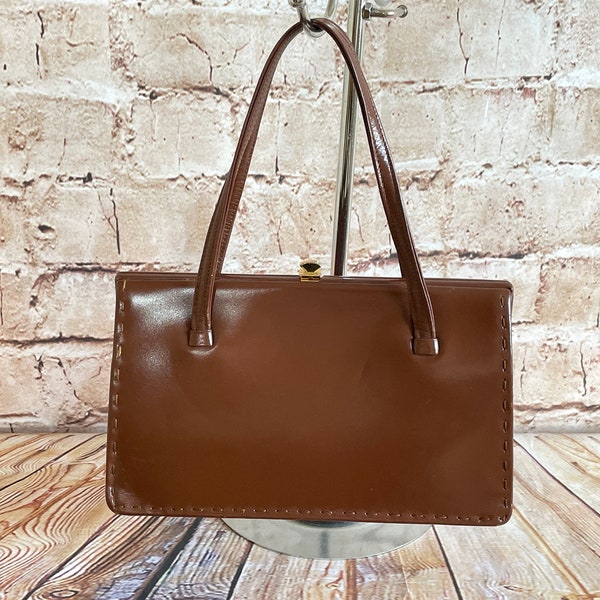 Vintage Small Handbag Purse Top Handle Bag Purse Brown Leather Mod By Widegate London c1960-70s