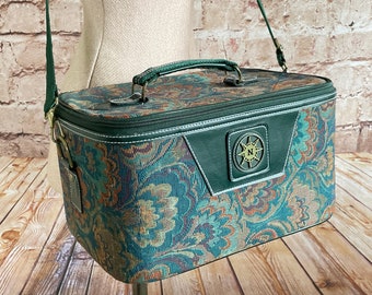 Vintage Vanity Case Train Case Hand Luggage Green Tapestry Fabric With N Logo Preppy Bohemian c1980s