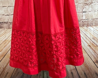 Vintage Dirndl Skirt Red Taffeta Midi Full Flare By Riva c1970s Size 8 U.K.