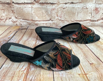 Vintage Slippers Mules Wedges Black Multi Velvet By Barratts NEW c1990s 3 U.K.