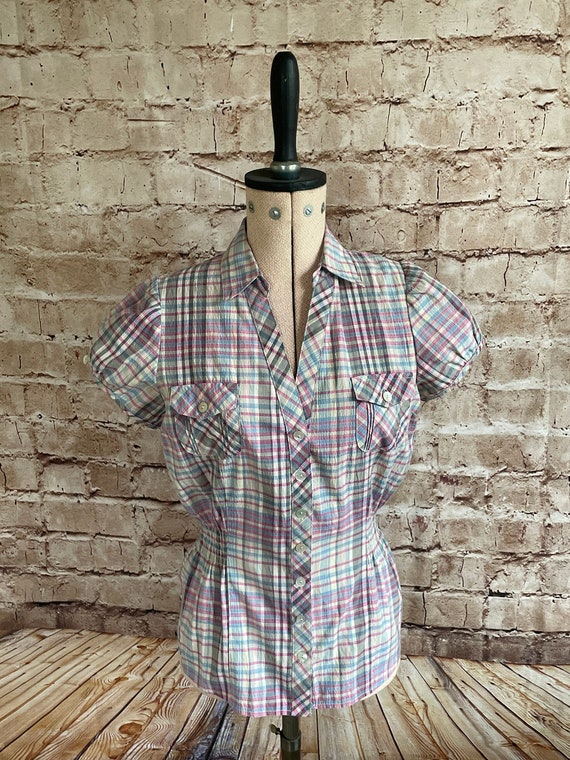Vintage Blouse Short Puff Sleeves Checked Bohemian