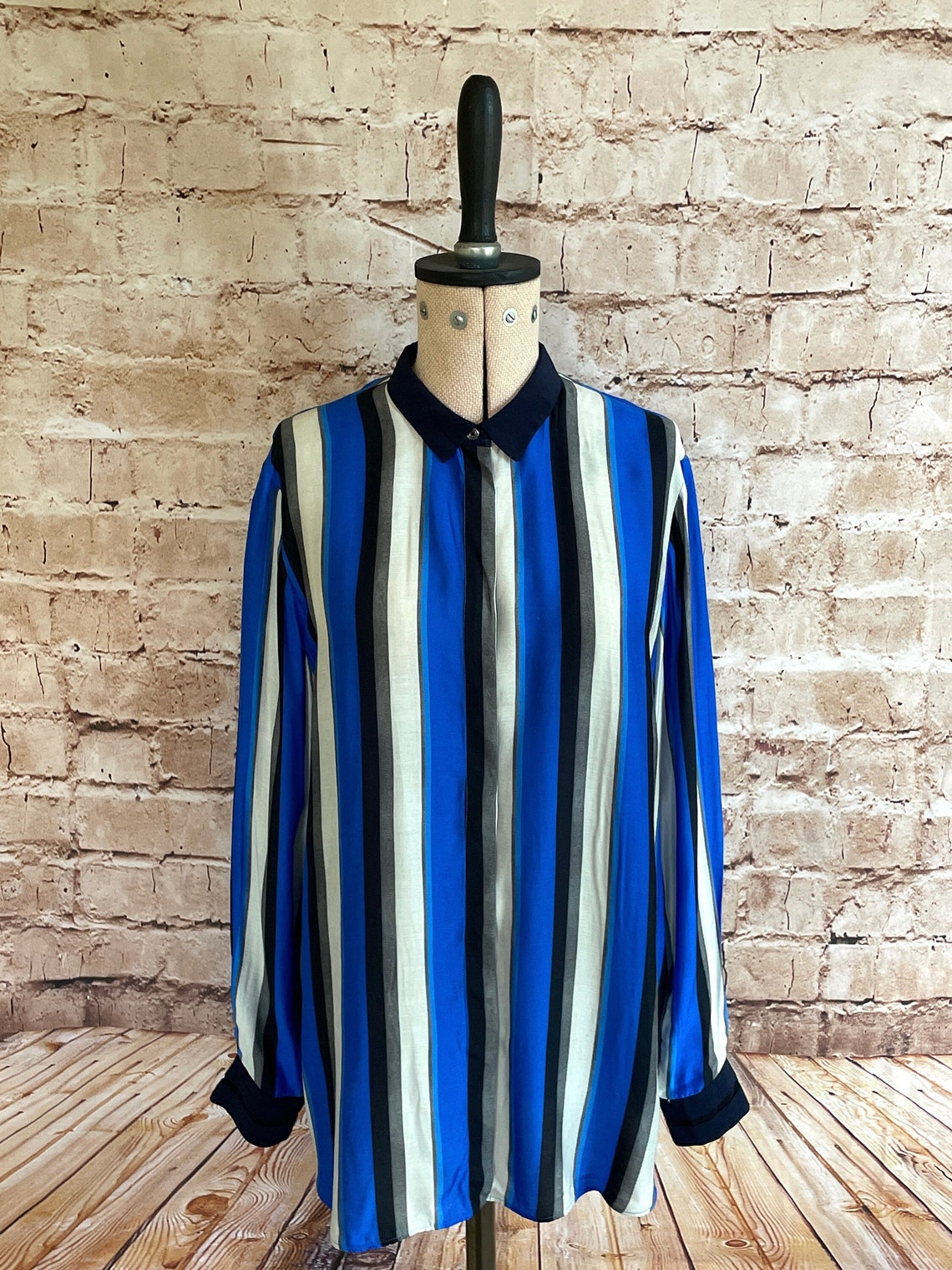 Vintage Paul Smith Blouse Silk Blend Blue Striped 14 U.K., foto 2 di 5