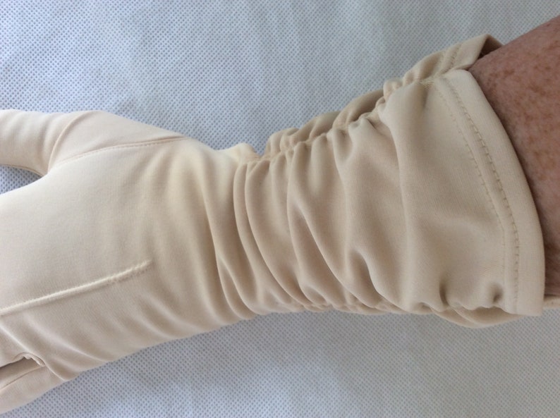 Vintage Long Gloves In Beige Nylon With Ruched Wrist Detailing c 1960s Size Small