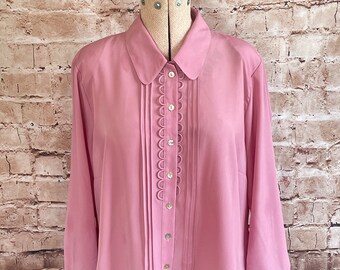 Vintage Blouse Pin Tuck Front Loop Decoration Rounded Collar Pink Polyester By Eastex c1990s 16 U.K.