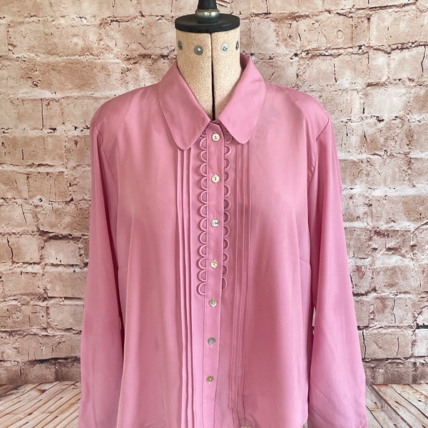 Vintage Blouse Pin Tuck Front Loop Decoration Rounded Collar Pink Polyester By Eastex c1990s 16 U.K.