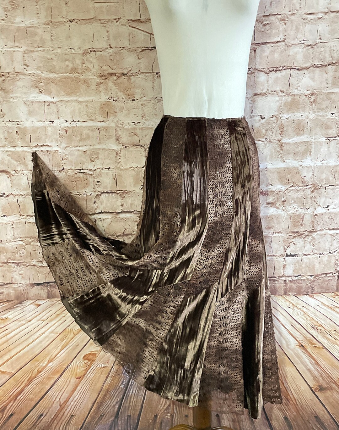 Vintage Skirt Brown Velvet and Lace Midi Hippy Bohemian by Viyella Cy2k — free download
