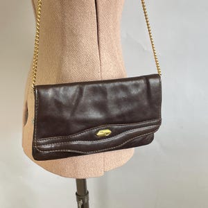 Bolso de hombro vintage, cartera de mano, bolso de mano, correa de cadena de cuero marrón, década de 1970-1980