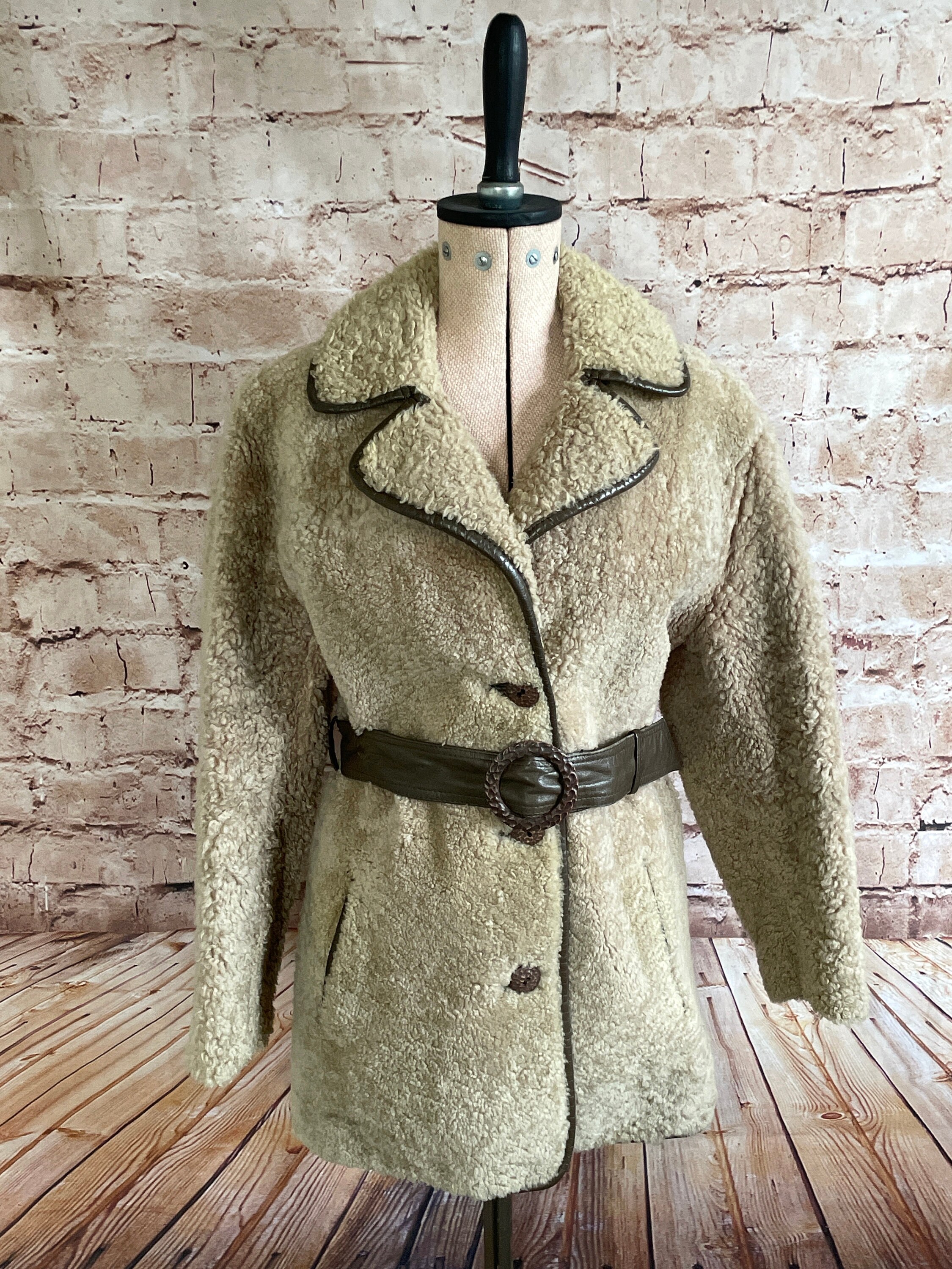 Vintage Coat Sheepskin Curly Lamb Leather Trim With Tie Belt