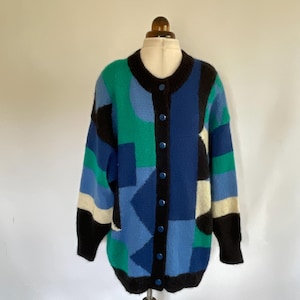 Vintage Hand Knit Mohair Cardigan Jacket Multicoloured By Your Sixth Sense c1980s Medium