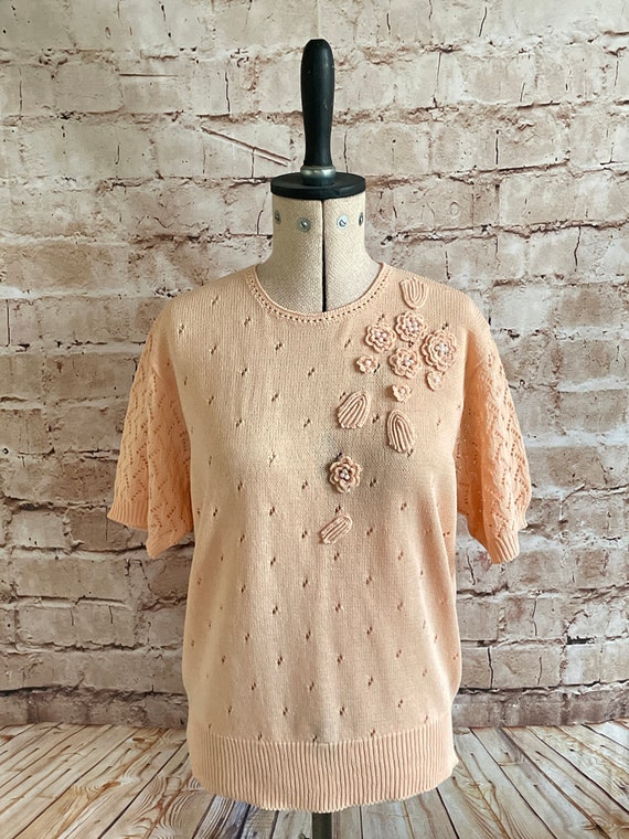 Vintage Jumper Sweater Peach Short Sleeve Lacy Han