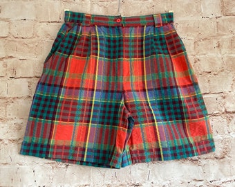 Vintage Shorts Bermuda’s Hight Waist Checked Cotton Pleated Front By Paul Separates c1980s Size 12 UK