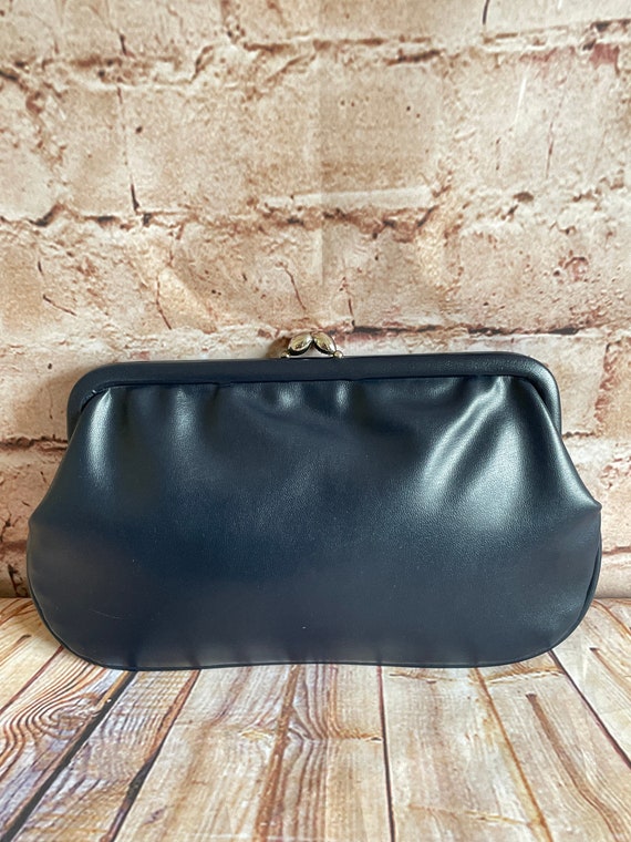 Vintage Clutch Bag Purse Handbag Navy Blue Faux L… - image 1