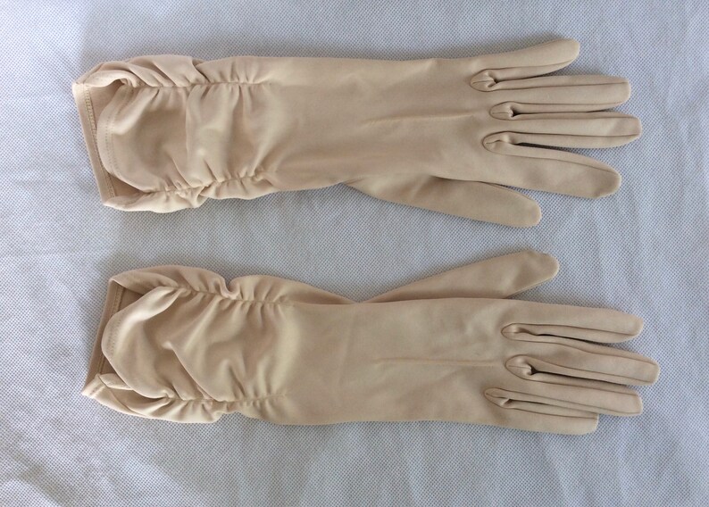 Vintage Long Gloves In Beige Nylon With Ruched Wrist Detailing c 1960s Size Small
