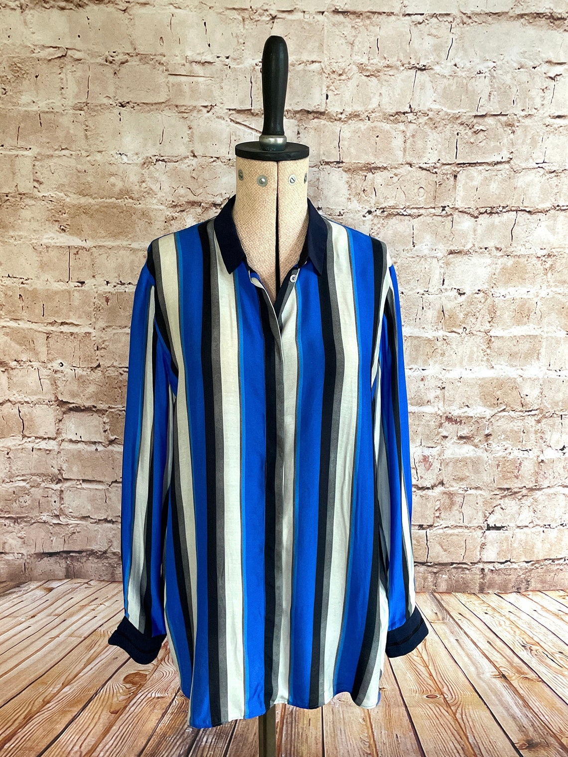 Vintage Paul Smith Blouse Silk Blend Blue Striped 14 U.K., foto 3 di 5