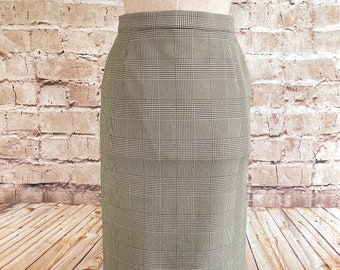 Vintage Skirt Pencil Straight Slim Wiggle Brown Check By St Michael Marks And Spencer 4 UK c1990s