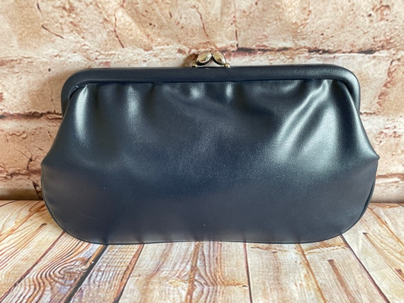 Vintage Clutch Bag Purse Handbag Navy Blue Faux L… - image 2