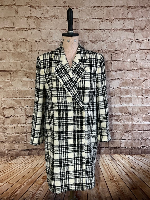 Vintage Coat Cream And Black Checked Boucle Wool … - image 2