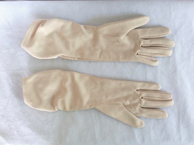 Vintage Long Gloves In Beige Nylon With Ruched Wrist Detailing c 1960s Size Small