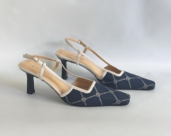 Zapatos vintage Kurt Geiger azules con punta cuadrada y tira trasera, talla 37 1/2 EUR / 4 1/2 U.K.