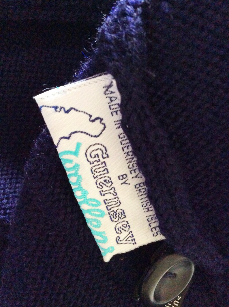 Vintage Knitted Sleeveless Cardigan Waistcoat Vest In Navy Blue Pure Wool By Guernsey Woolens c1980s Medium