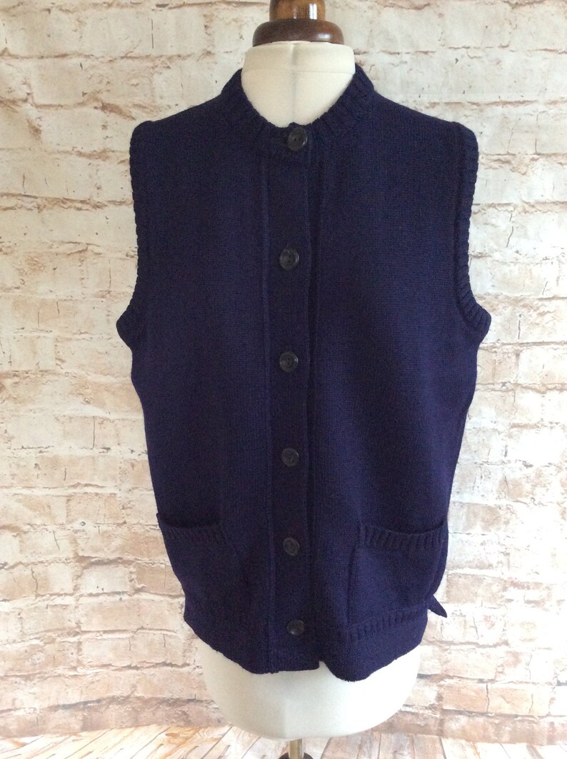 Vintage Knitted Sleeveless Cardigan Waistcoat Vest In Navy Blue Pure Wool By Guernsey Woolens c1980s Medium