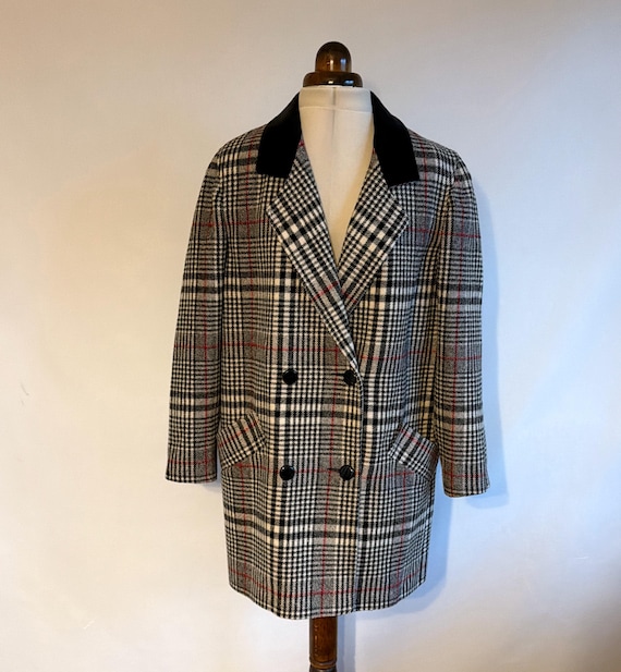 Vintage Coat In Checked Wool Blend With Velvet Collar 10 U.K.