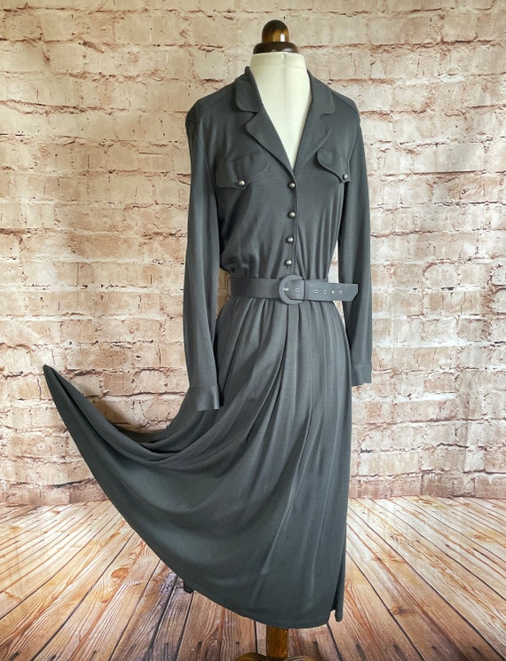 Vintage Dress Belted Flared Grey Jersey Classic M… - image 1