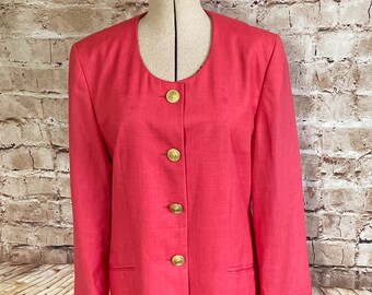 Vintage Jacket Linen Blend Pinkish Orange Collarless Round Neck By Gerry Weber 8 UK c 1980s