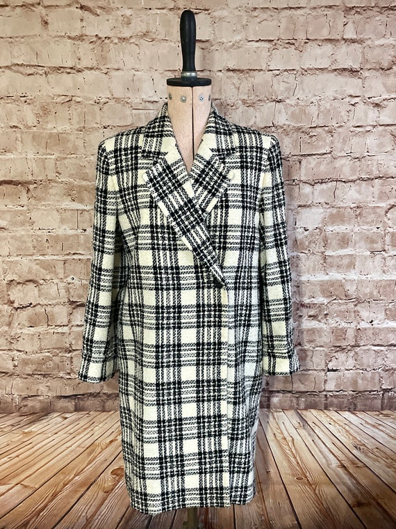 Vintage Coat Cream And Black Checked Boucle Wool … - image 3