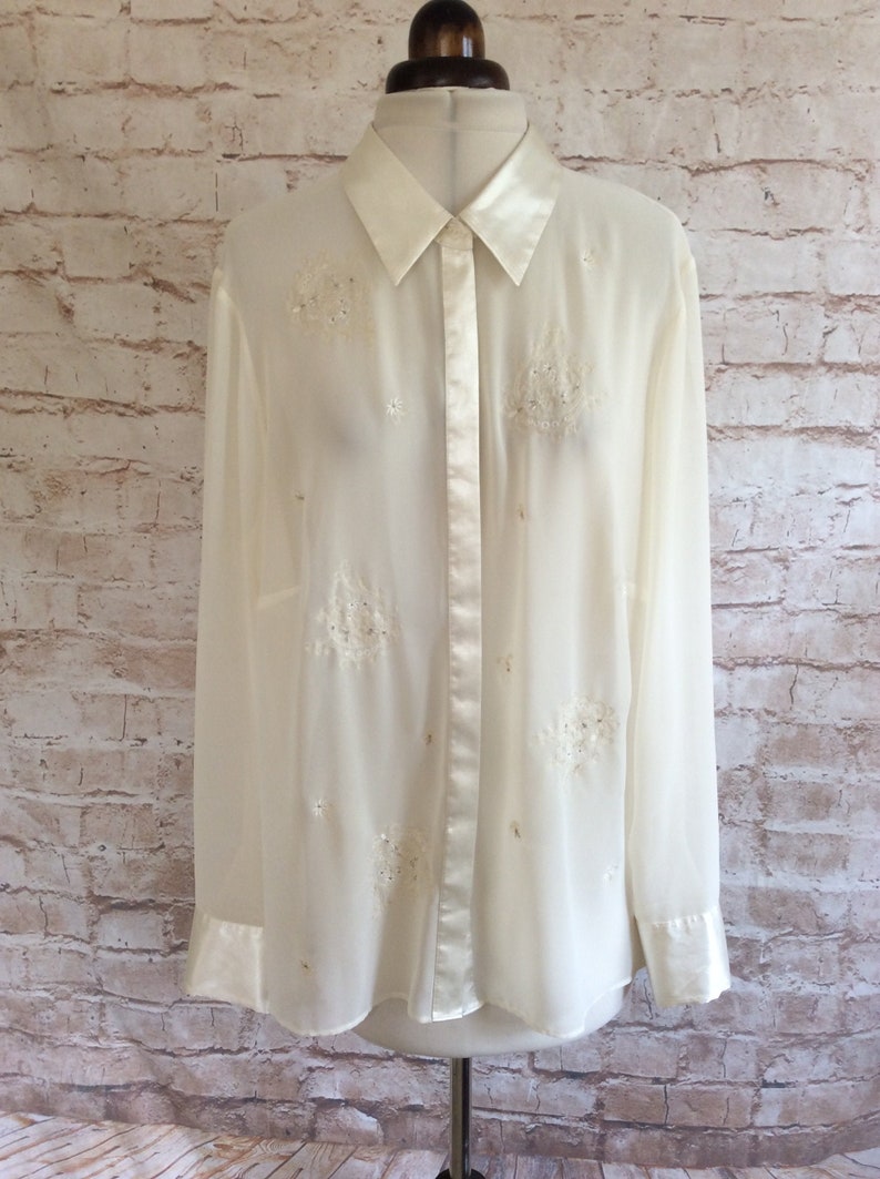 Vintage Blouse Cream Sheer Chiffon With Embroidered Front And | Etsy