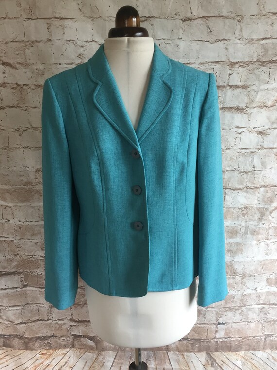 Buy Vintage Blazer Jacket in Turquoise Linen Look Polyester Fitted