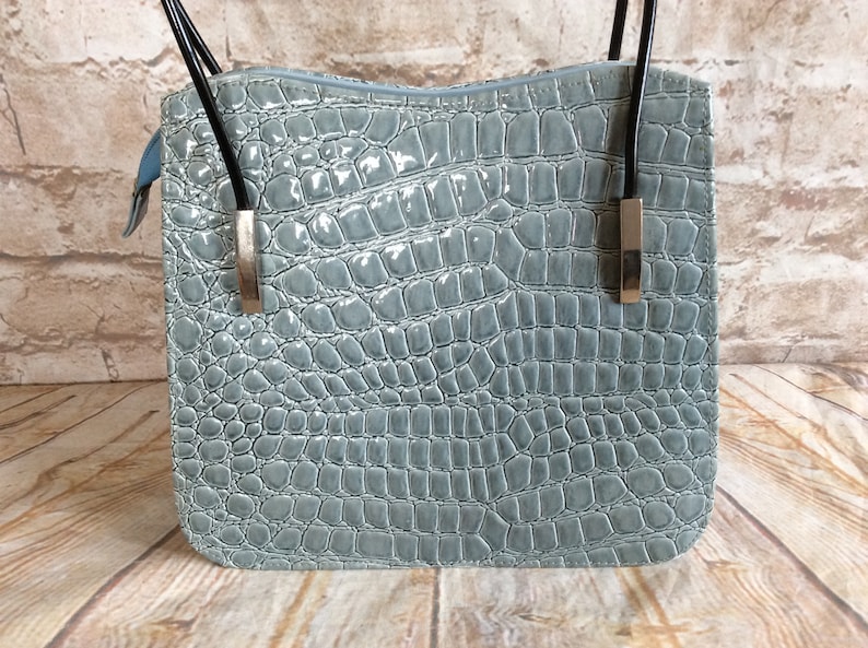 Vintage Handbag Purse In Pale Blue Patent Croc Faux Leather c1990s