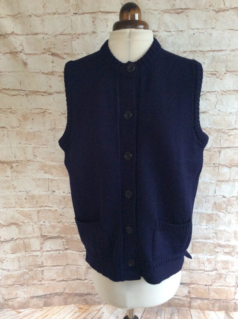 Vintage Knitted Sleeveless Cardigan Waistcoat Vest In Navy Blue Pure Wool By Guernsey Woolens c1980s Medium
