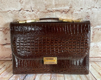 Vintage Clutch Purse Top Handle Handbag Brown Patent Croc Embossed Leather c1970-80s