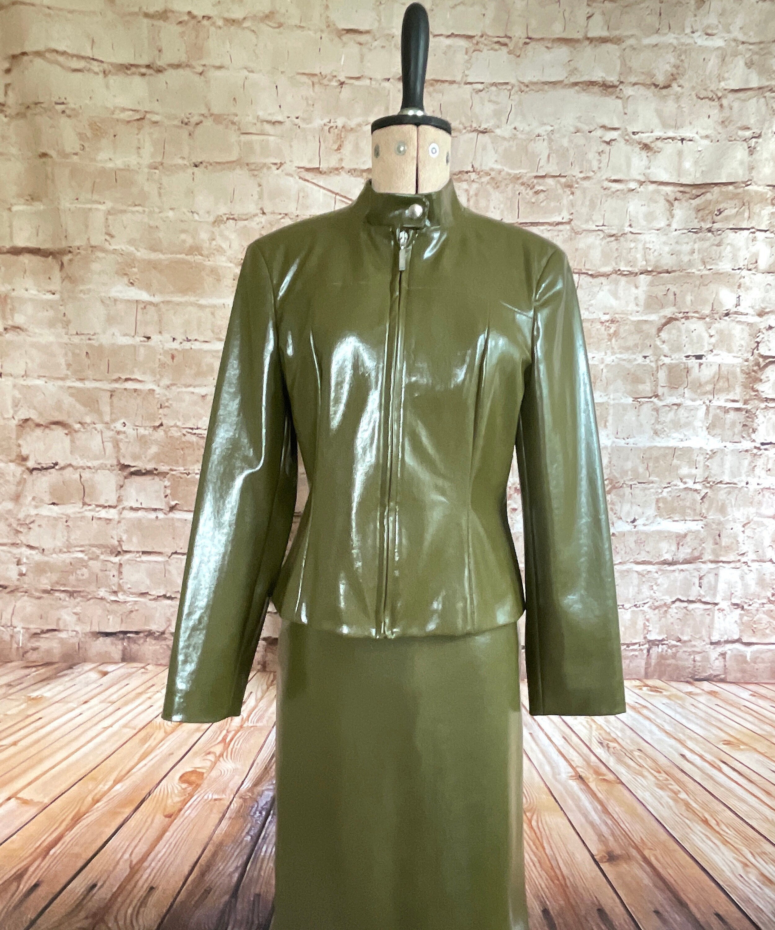 Vintage Suit Green Shiny Faux Leather Jacket and Skirt by in Vintage Suit Green Shiny Faux Leather Jacket and Skirt by in