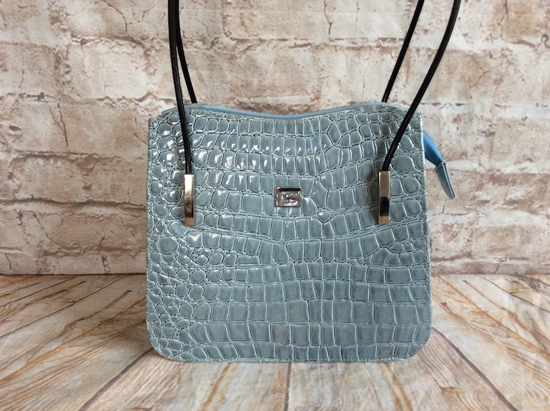 Vintage Handbag Purse In Pale Blue Patent Croc Faux Leather c1990s
