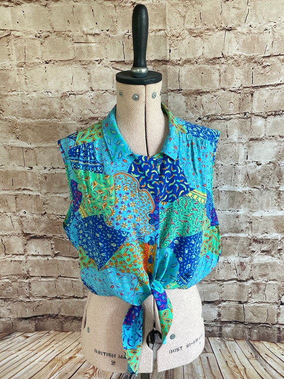 Vintage Blouse Tie Front Cropped Top Bright Patch… - image 9