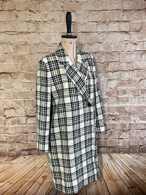 Vintage Coat Cream And Black Checked Boucle Wool … - image 1