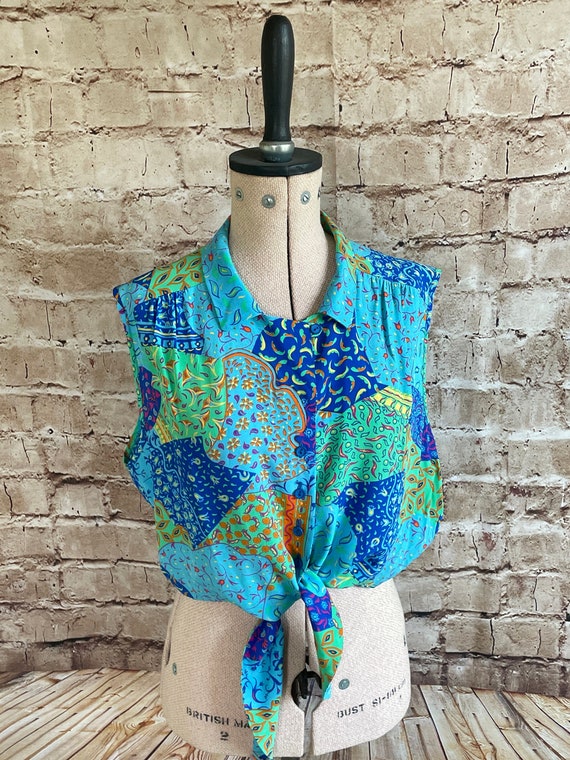 Vintage Blouse Tie Front Cropped Top Bright Patch… - image 2