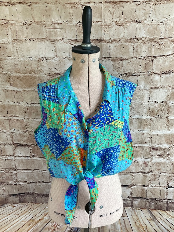 Vintage Blouse Tie Front Cropped Top Bright Patch… - image 1