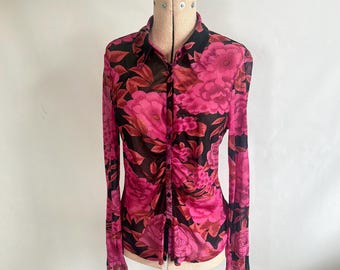 Bluzka z siateczki w stylu vintage z rozciągliwym wzorem kwiatowym, model Per Una, lata 90. XX w., rozmiar 14, Wielka Brytania