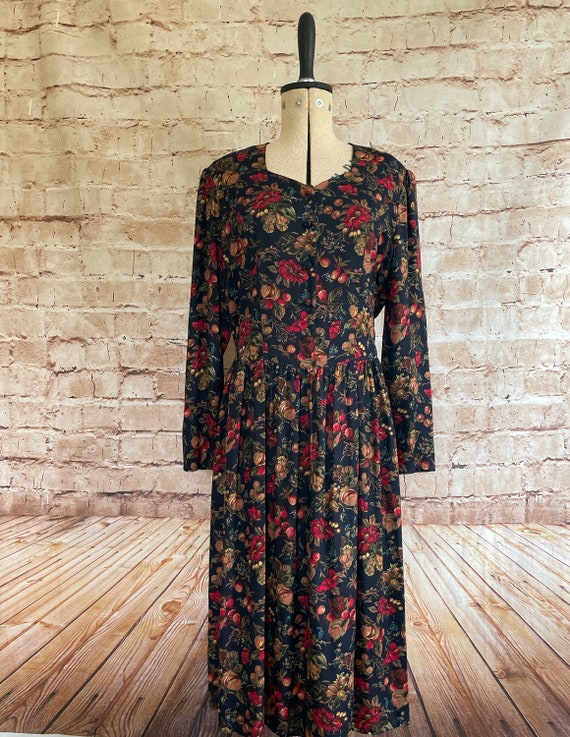 Vintage Dress Dark Floral Tea Dress Long Sleeve St. Michael Marks 