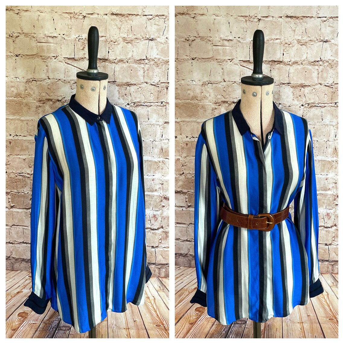 Vintage Paul Smith Blouse Silk Blend Blue Striped 14 U.K., foto 4 di 5